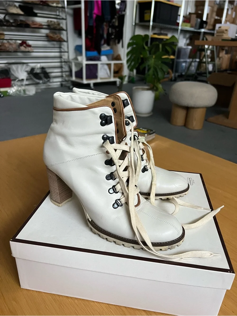 Coach Cream Lace-Up Block Heel Ankle Boots with Tan Trim